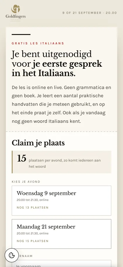 De website van La Tavola by Goldfingers op een gsm