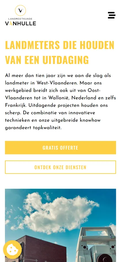 De website van Landmeetkunde Vanhulle op een gsm